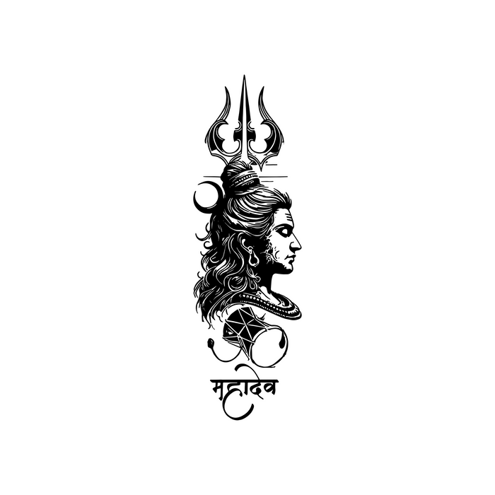 Black and white illustration of a deity with a trident on a white background