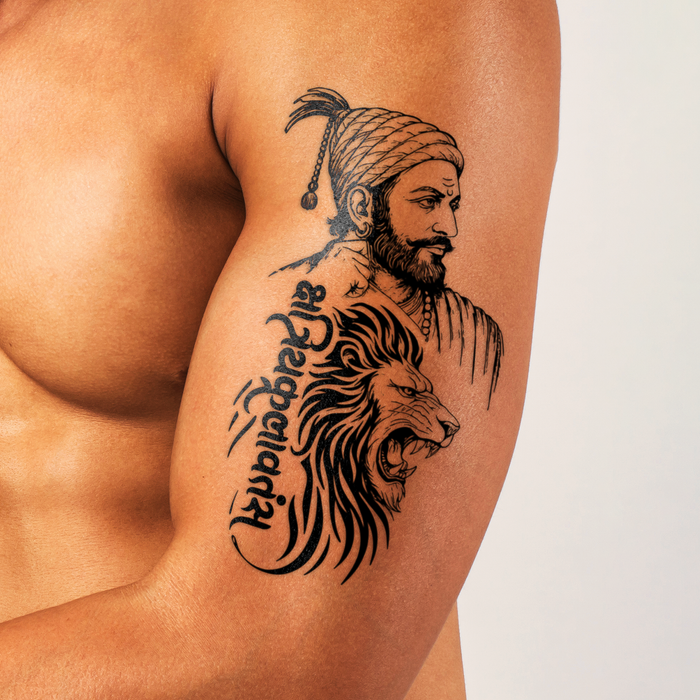 Tattoo of a man with a turban and a lion on a person's arm.