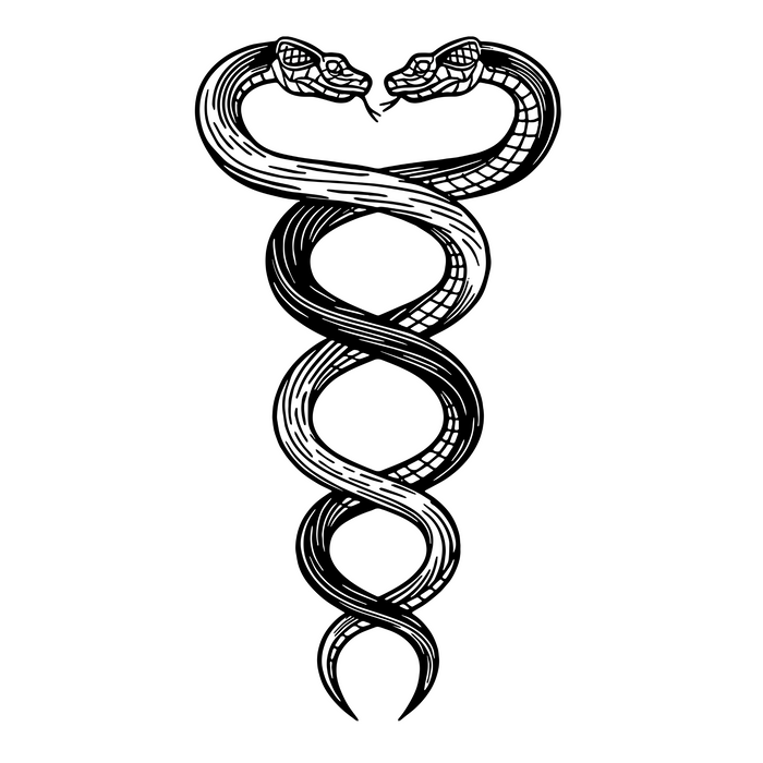 Black and white illustration of a caduceus with two snakes on a white background