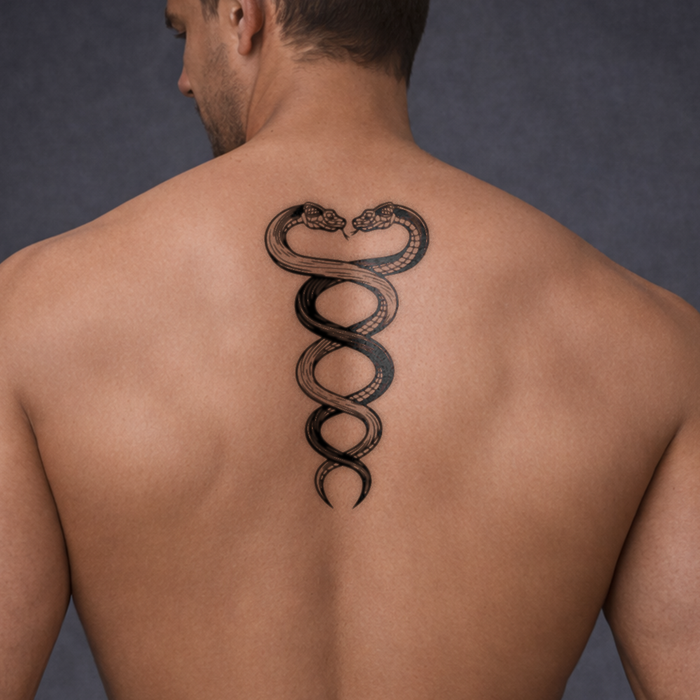 Man with a snake tattoo on his back against a dark background
