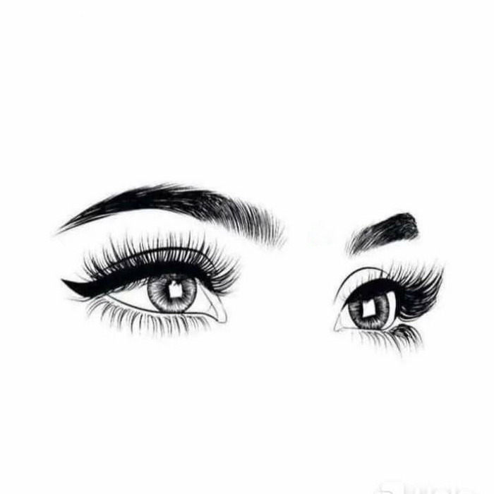 Black and white illustration of a stylized eye with long lashes on a white background