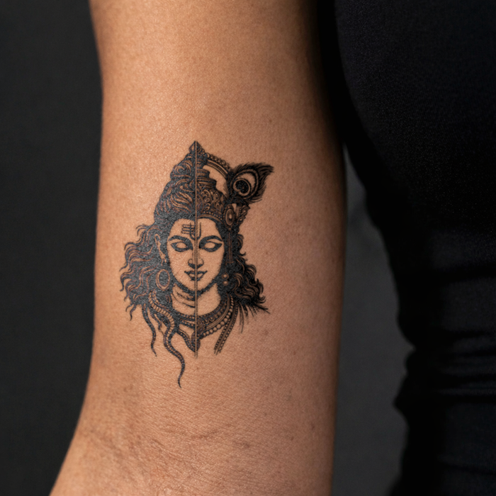 Tattoo of a stylized face with intricate details on a person's arm against a dark background