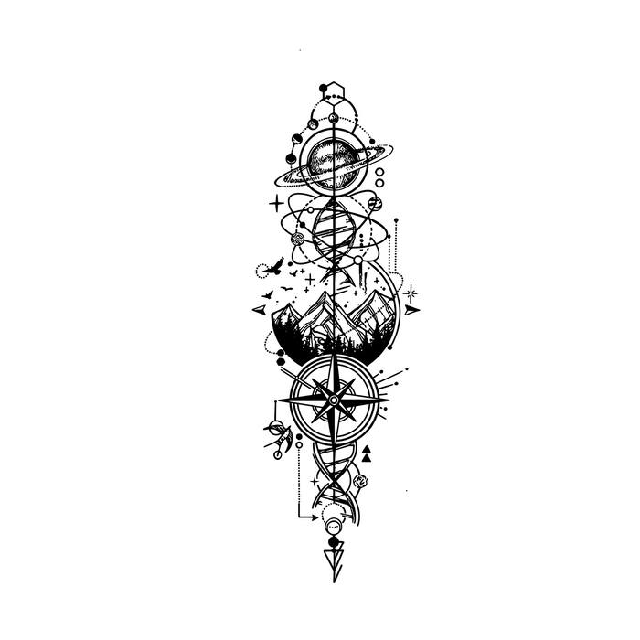 Black geometric tattoo design on a white background