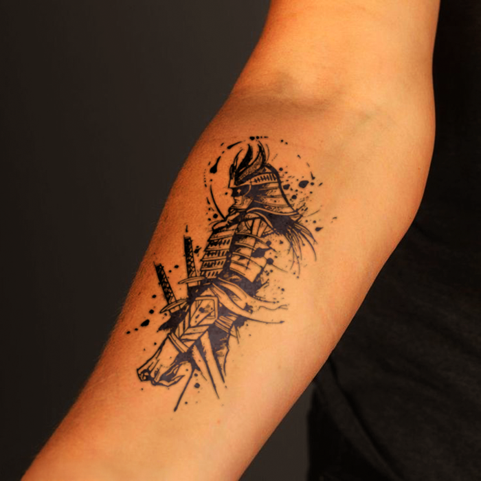 Tattoo of a samurai warrior on a person's arm against a black background