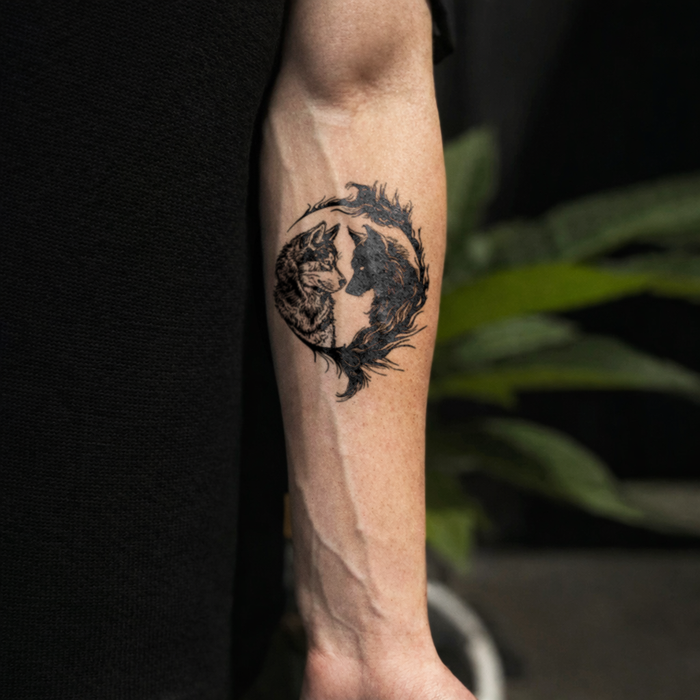 Black tattoo of a face with flowing hair on a person's arm against a dark background.